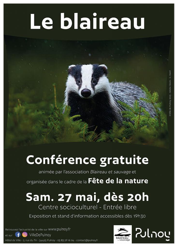 affiche de présentation d'une conférence gratuite : le blaireau, par l'association Blaireau et sauvage, samedi 27 mai à 20h, au centre socioculturel de Pulnoy 