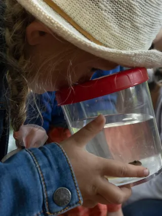 Une jeune fille observe un animal aquatique à la loupe
