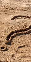 Point d'interrogation dessiné dans le sable sur une plage